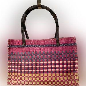 Espirit multi-colored straw woven bag with leather / wooden handles